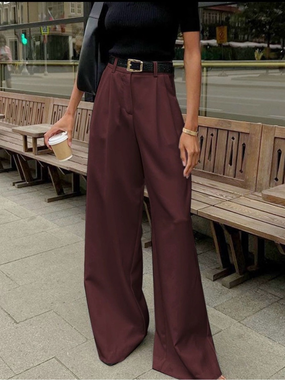 Commense Wide-Leg High-Waist Trousers in Deep Burgundy